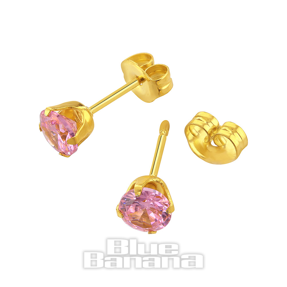 Studex Gold Plated Pink Cubic Zirconia 5mm Tiffany Earrings Ear