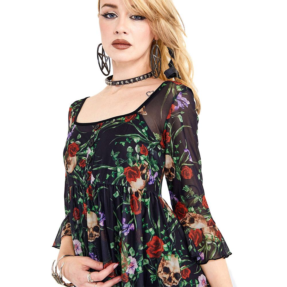 Jawbreaker Skull & Roses Mesh Mini Dress (Multicolour) | Blue Banana