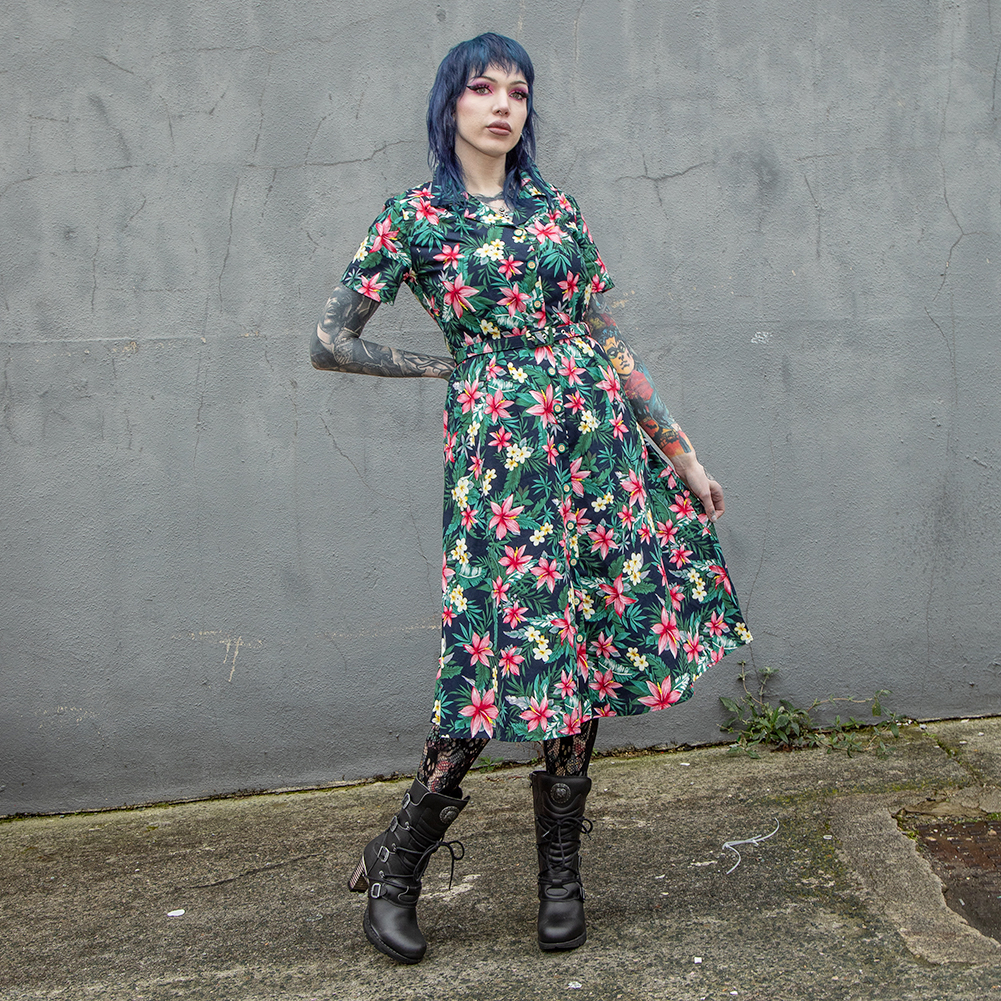 Banned Tropical Kate Dress (Navy)