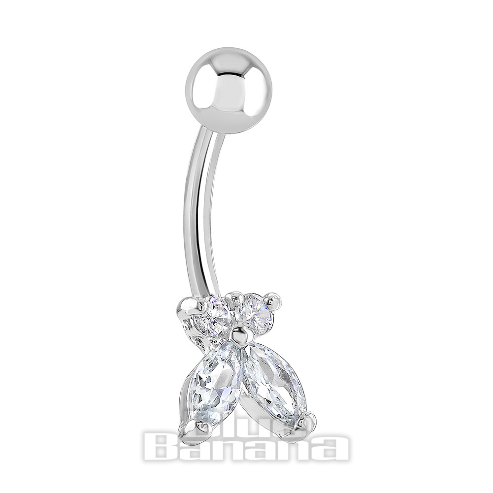 Surgical Steel 1.6 x 10mm 4 Stones Butterfly Silver Navel Bar Belly