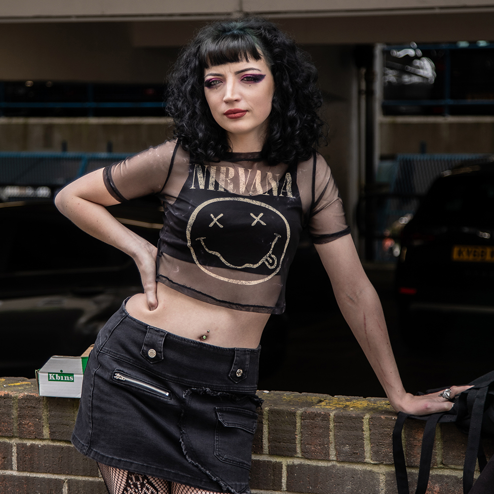 Nirvana Official Happy Face Mesh Crop T Shirt (Black) | Band