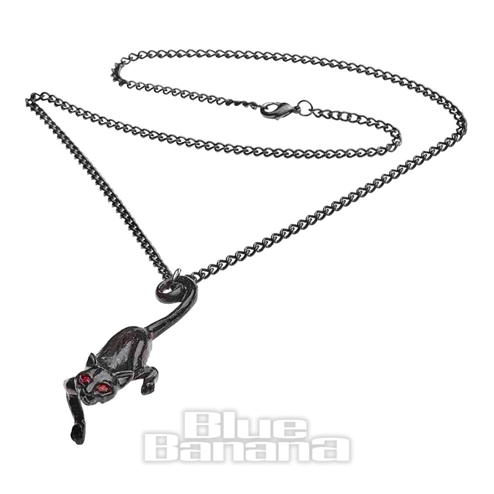 Alchemy Gothic Cat Sith Black Pendant, Crystal Eyes Necklace
