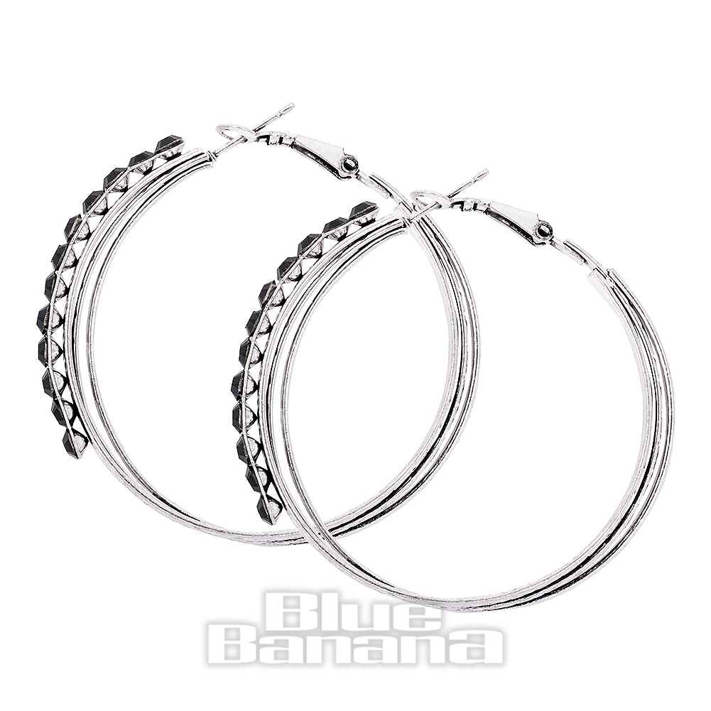 Blue Banana Silver Hoop Earrings, Black Gem Piercing Jewellery