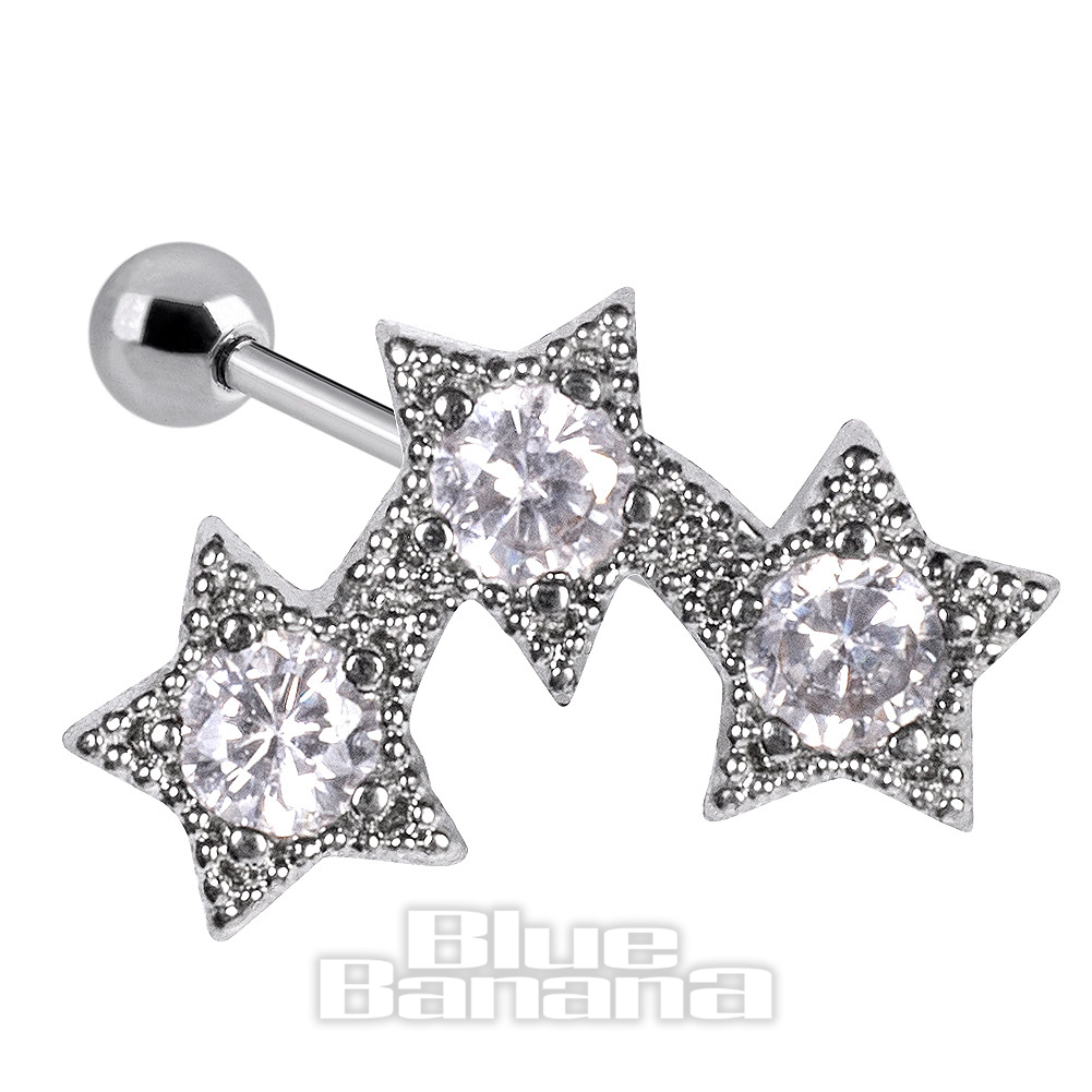 Surgical Steel 1.0mm 3 Stars Silver Tragus Stud, Ear Piercing