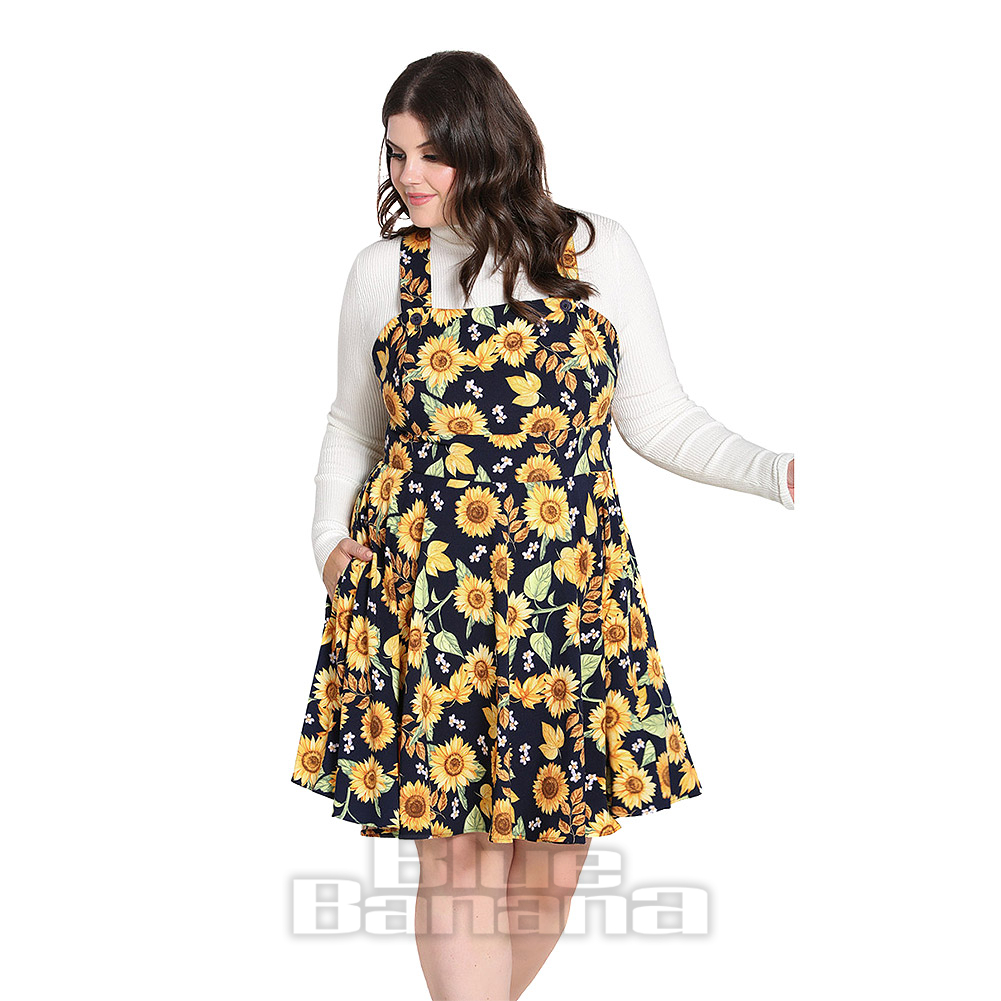 Hell Bunny Sunflower Pinafore Dress (Blue) Alternative Dresses Blue Banana UK